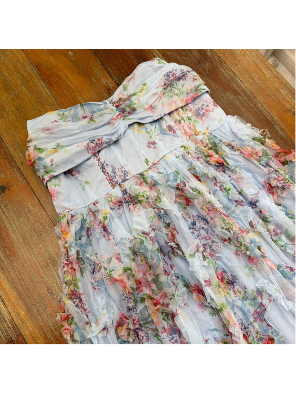 DressAlisa Light Blue Floral Mesh Tiered Ruffle Maxi Dress Strapless NWOT Large